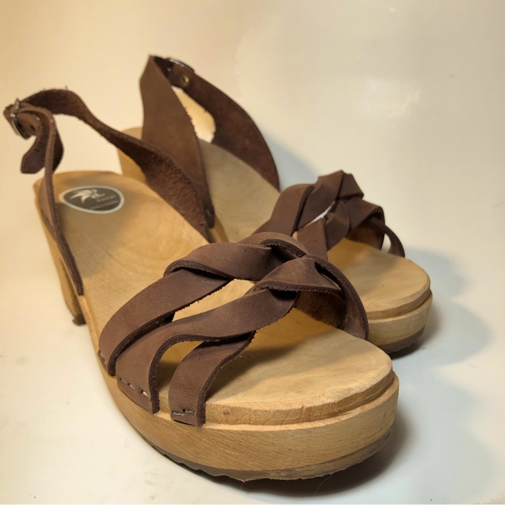 Braided Leather Wooden Swedish Clogs Sandals Heels Local Brown Suede Mules 6.5 7